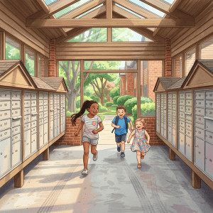Three children running in a corridor lined with community mailboxes at an apartment complex